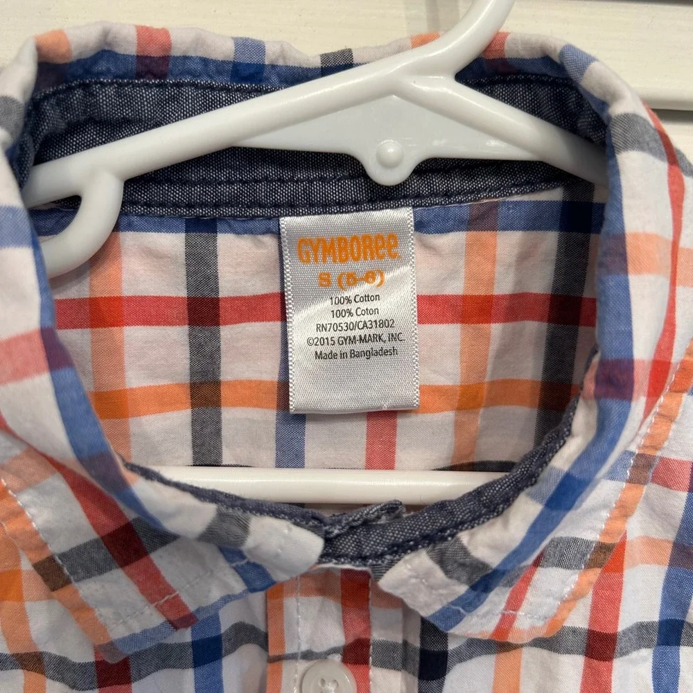 Gymboree Boys Plaid Button Down Shirt Orange Blue Red‎ Black Checkered